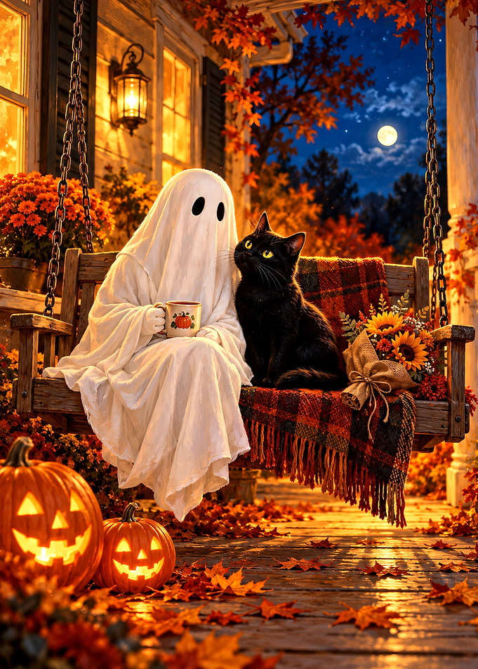 Ghost and Black Cat on Porch
