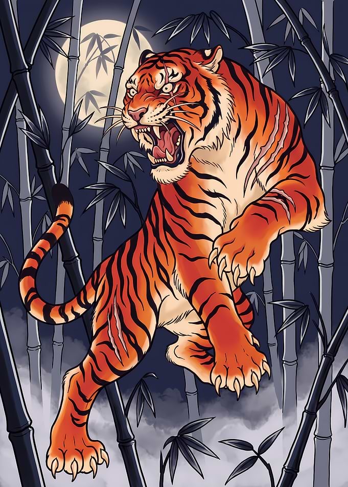 Scarred Tiger in the Moonlit Bamboo Forest - Japanese Irezumi