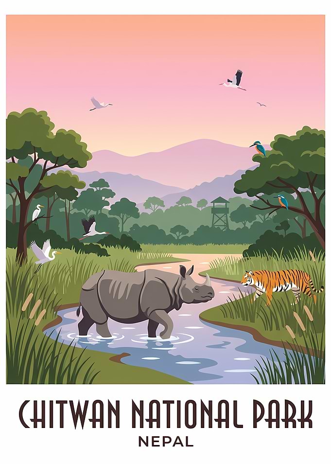 Chitwan National Park Nepal Travel Poster