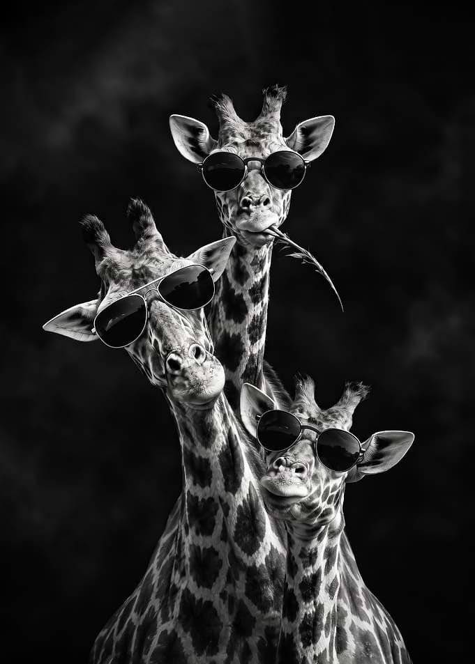 Three Cool funny black and white giraffes poster