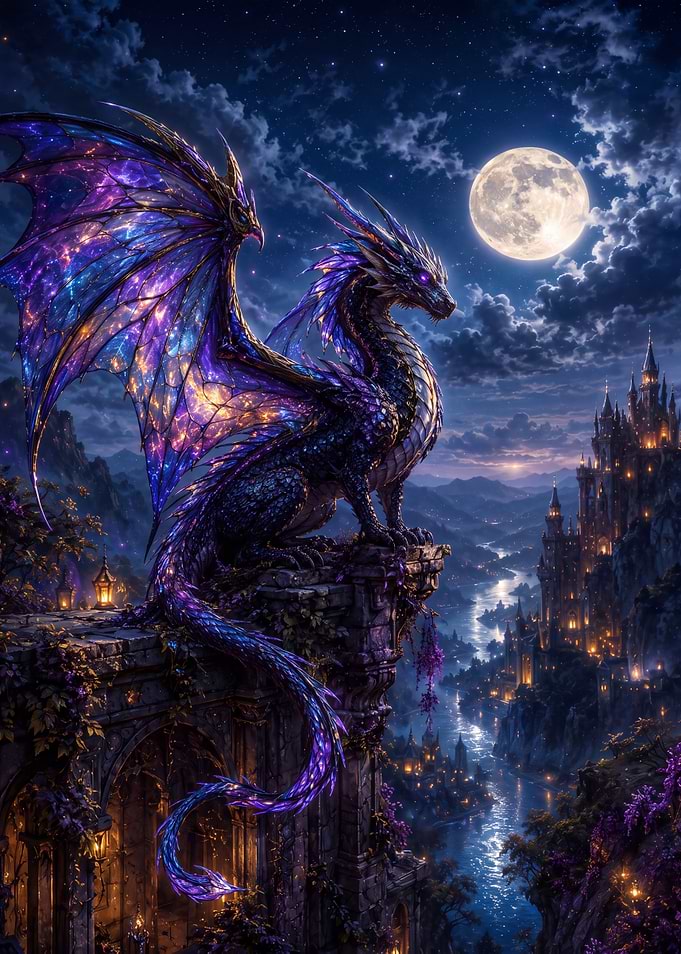 Cosmic Dragon Perched Over Castle
