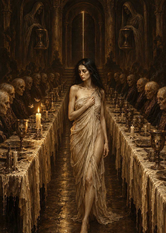 Woman Walking Through Dark Banquet Hall