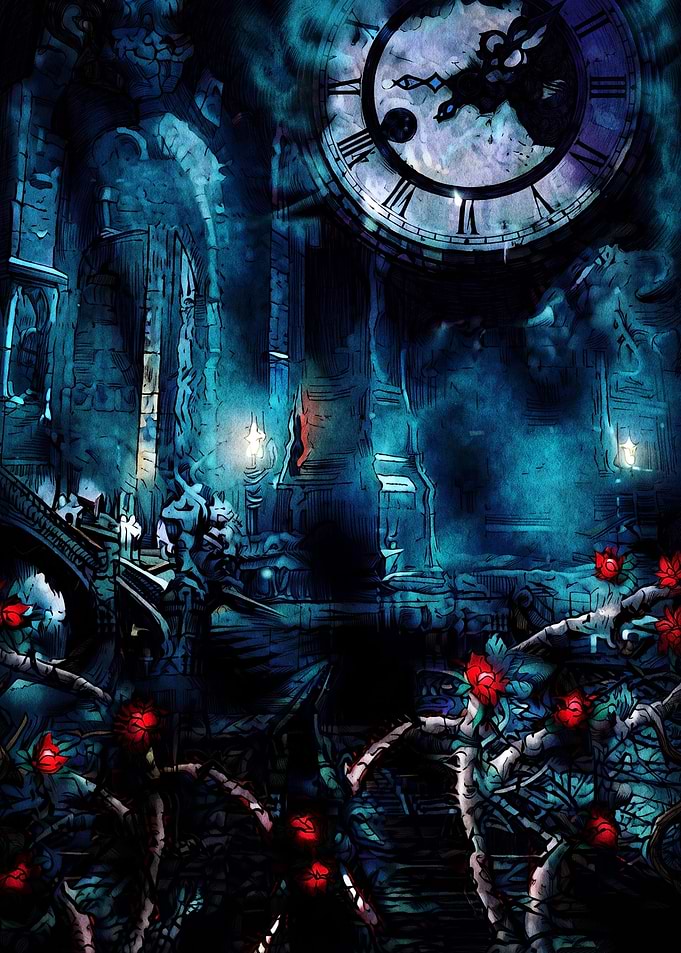 Gothic Clock Tower with Red Roses
