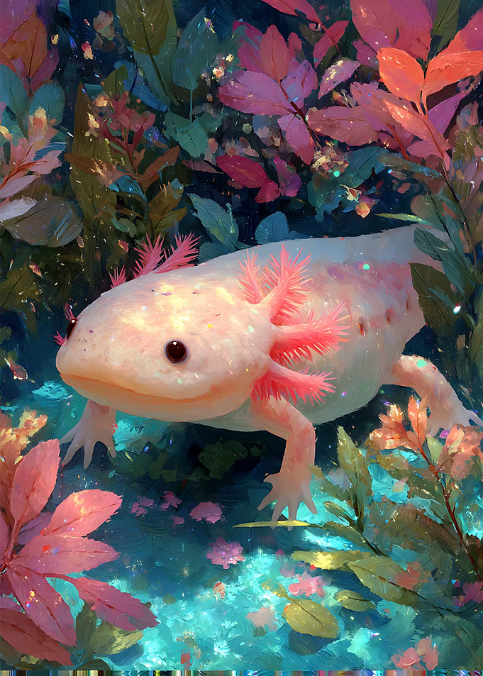 Whimsical Axolotl in Vibrant Underwater Garden