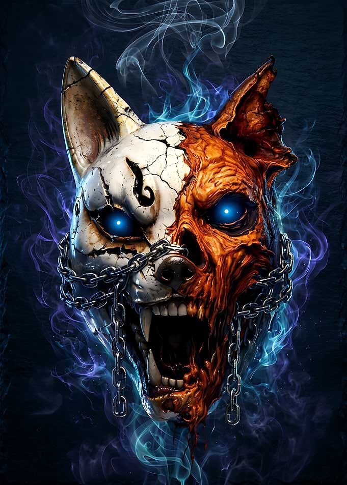 Dual-Faced Kitsune Mask with Chains