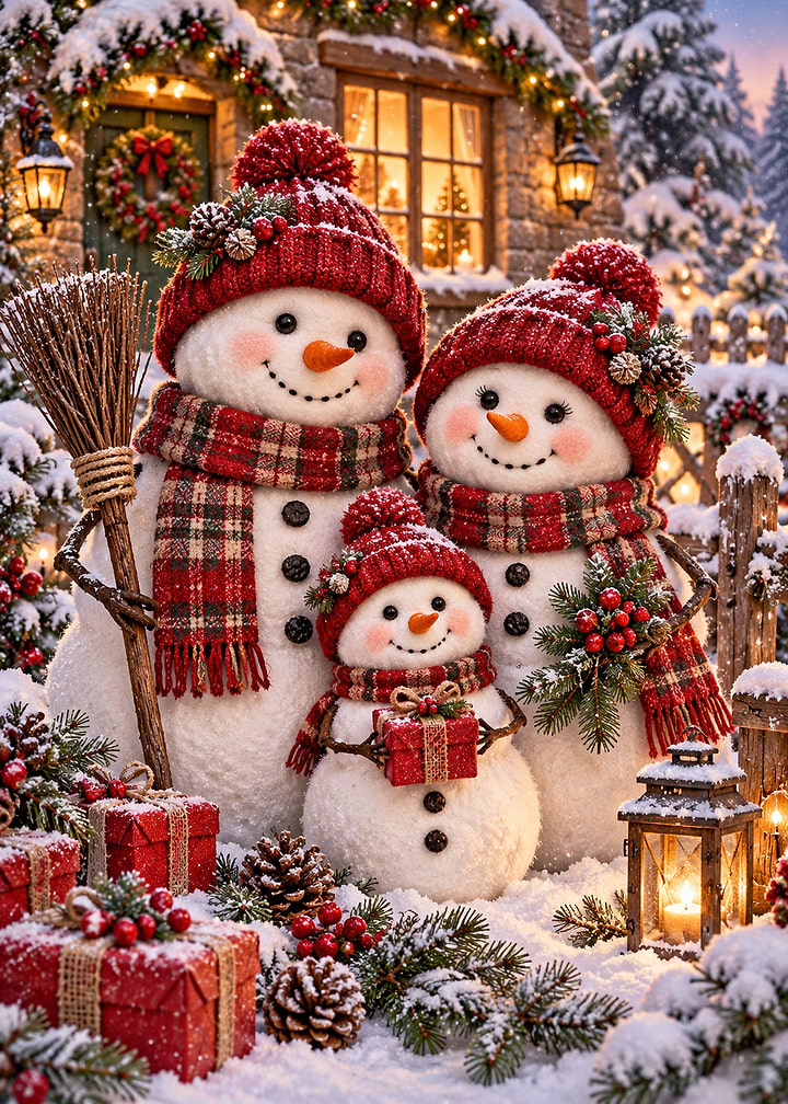 Family of Snowmen Christmas Scene