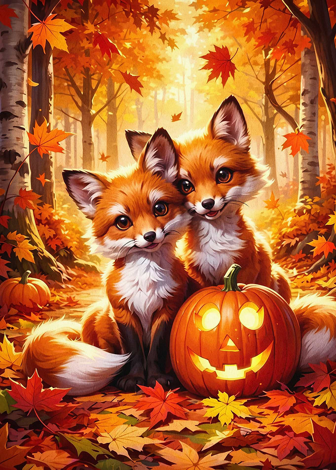 Cute Foxes Autumn Pumpkin Art