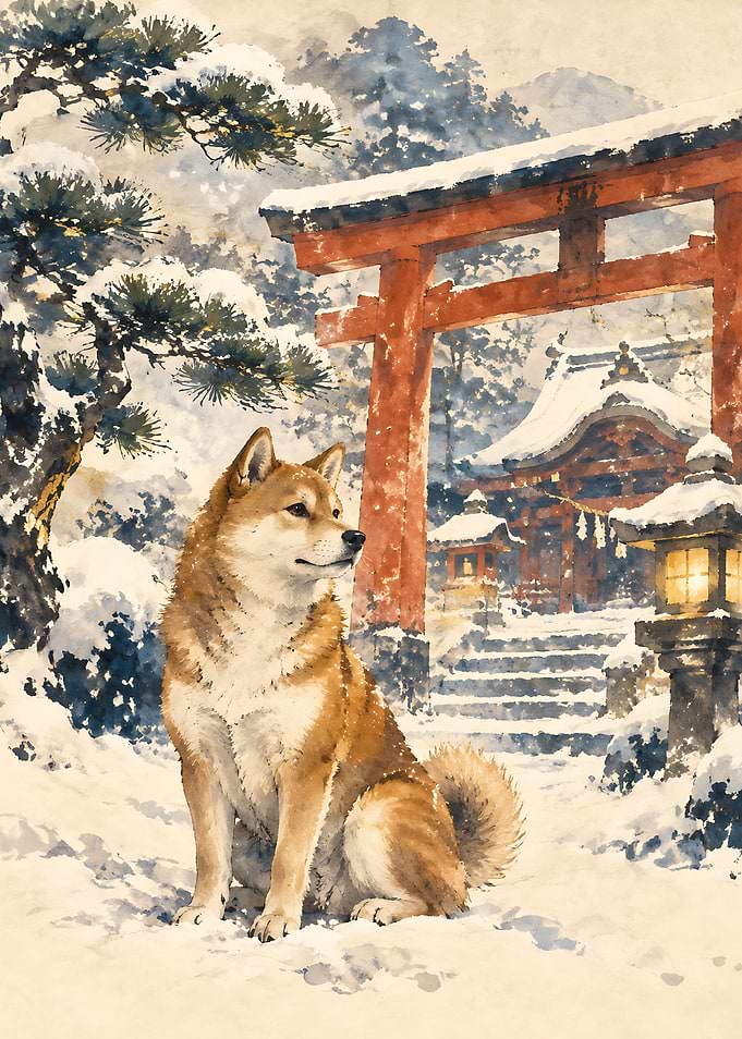 Shiba Inu at Snowy Japanese Shrine