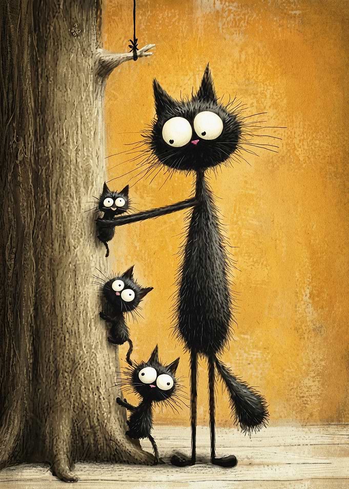 Black Cat Family Whimsical Art