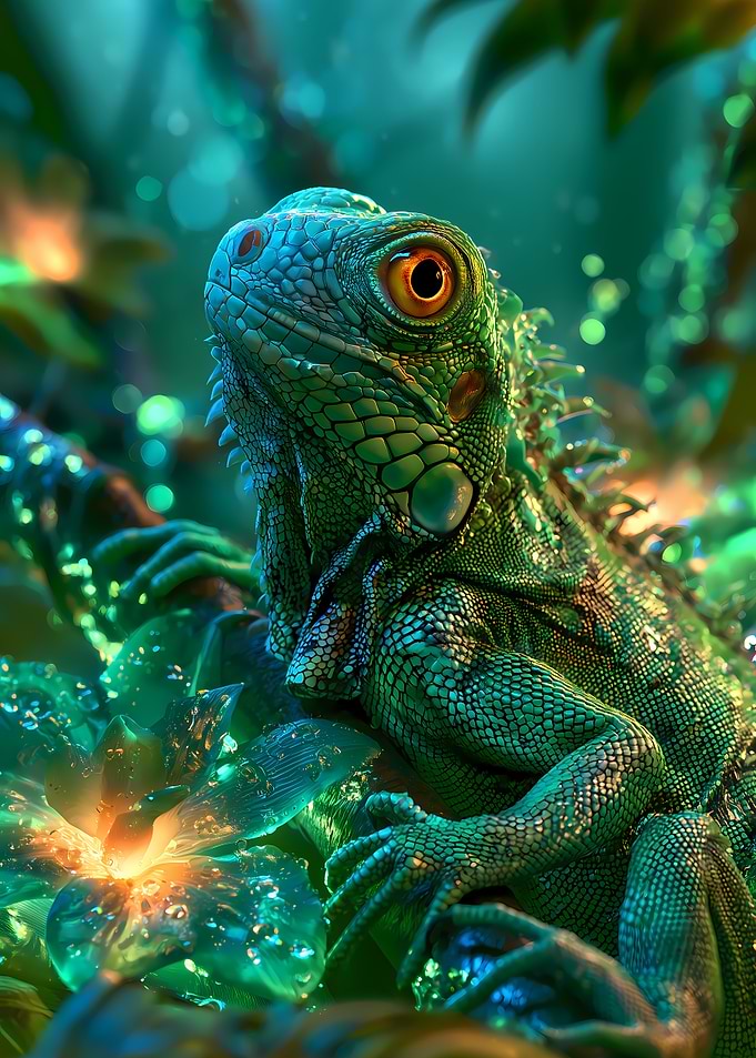 Vibrant Green Iguana in Tropical Forest