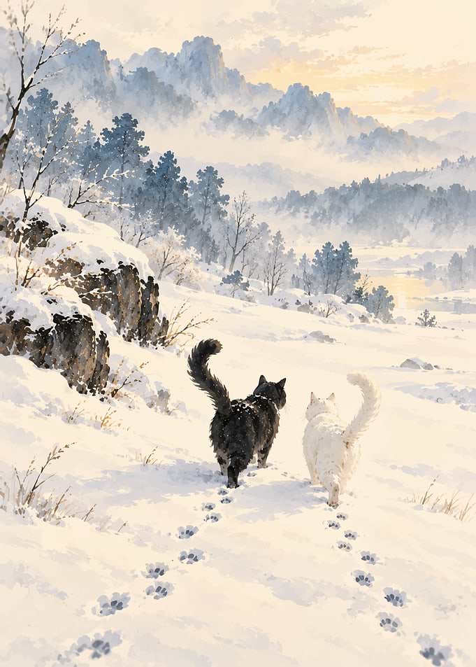 Two Cats Walking in Snowy Landscape