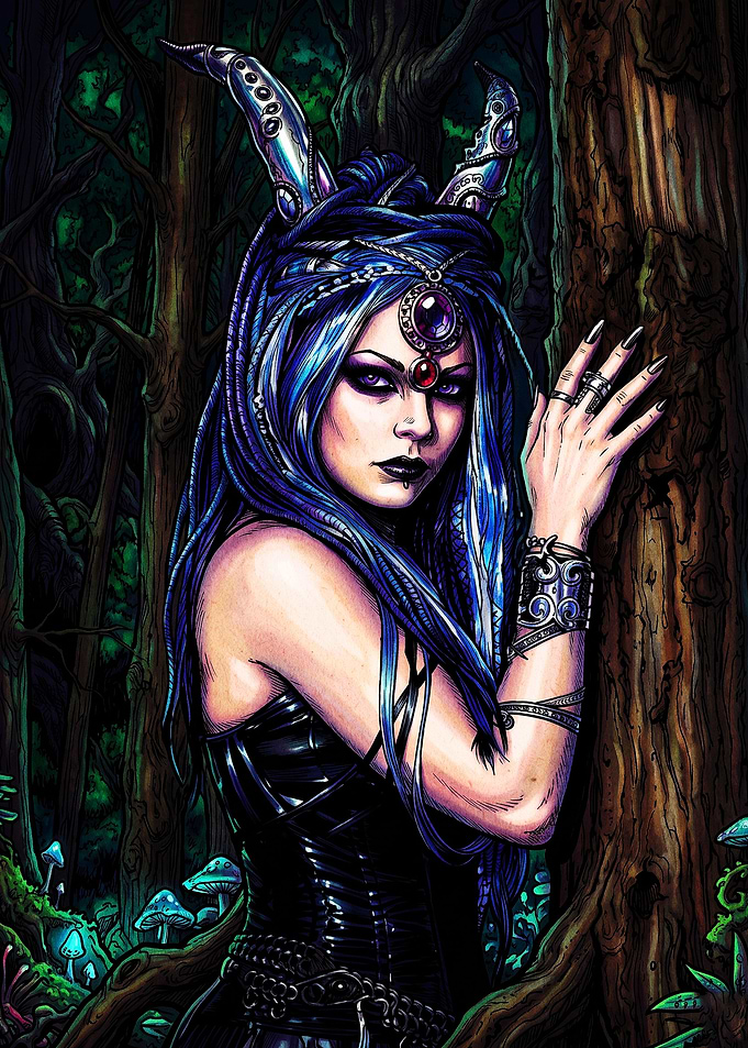 Gothic Horned Enchantress in Dark Forest