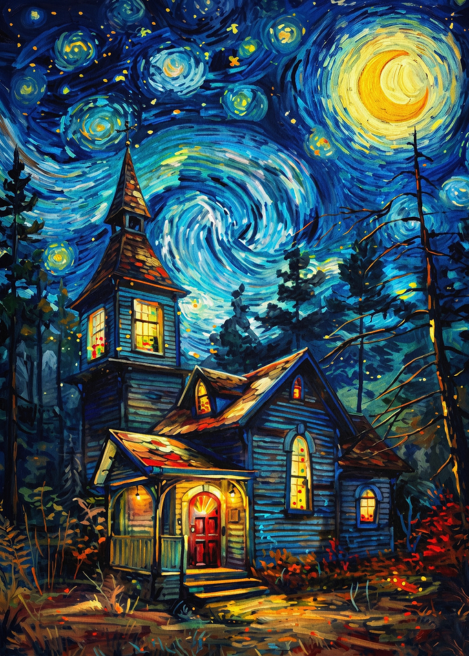 Starry Night Chapel Oil Art Poster