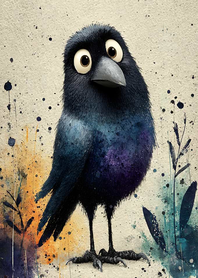 Whimsical Watercolor Crow Illustration