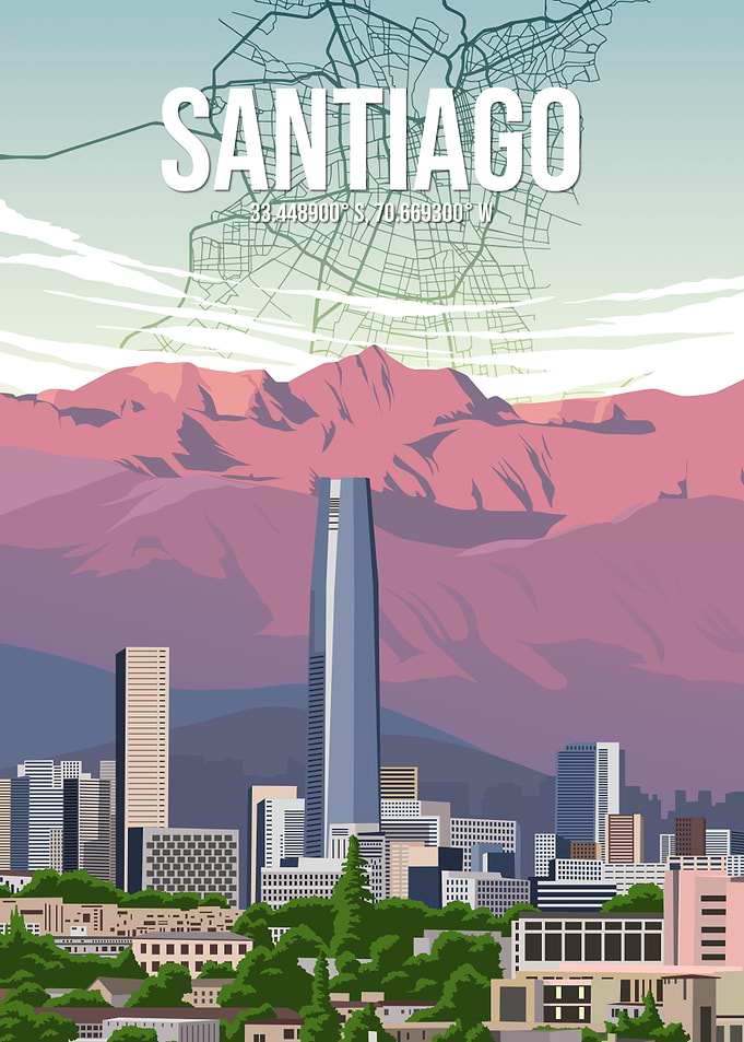 Santiago Cityscape City Map Travel Poster