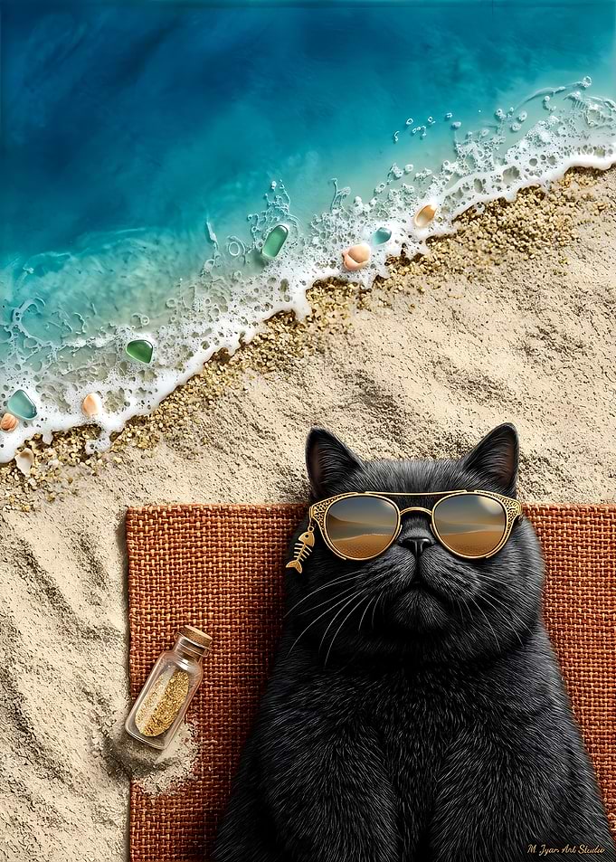 Black Cat Sunbathing on Beach