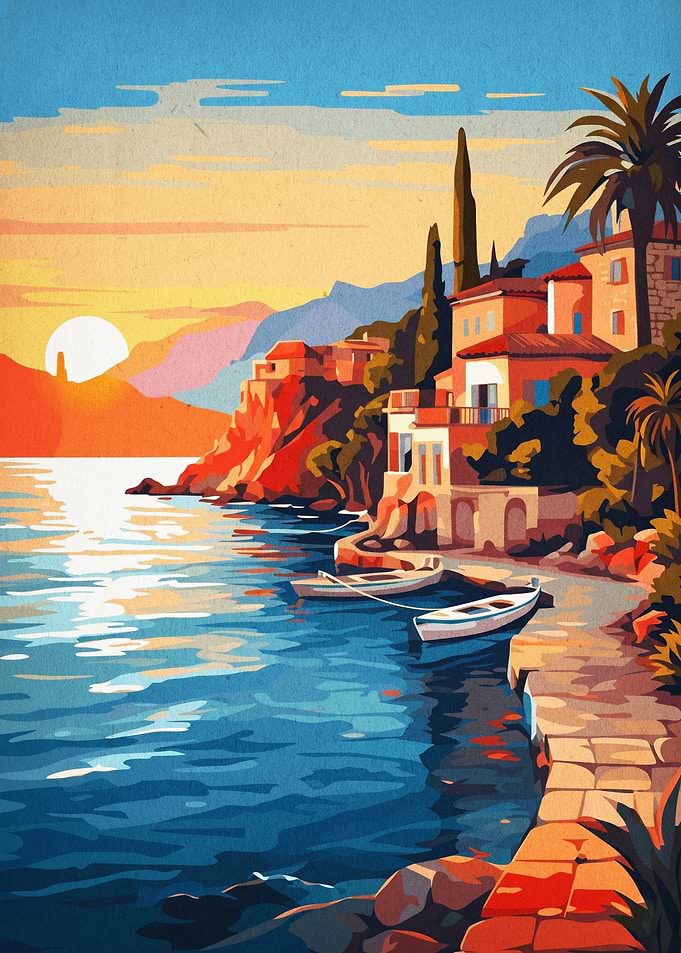 Amalfi Coast Retro Sunset Art Poste