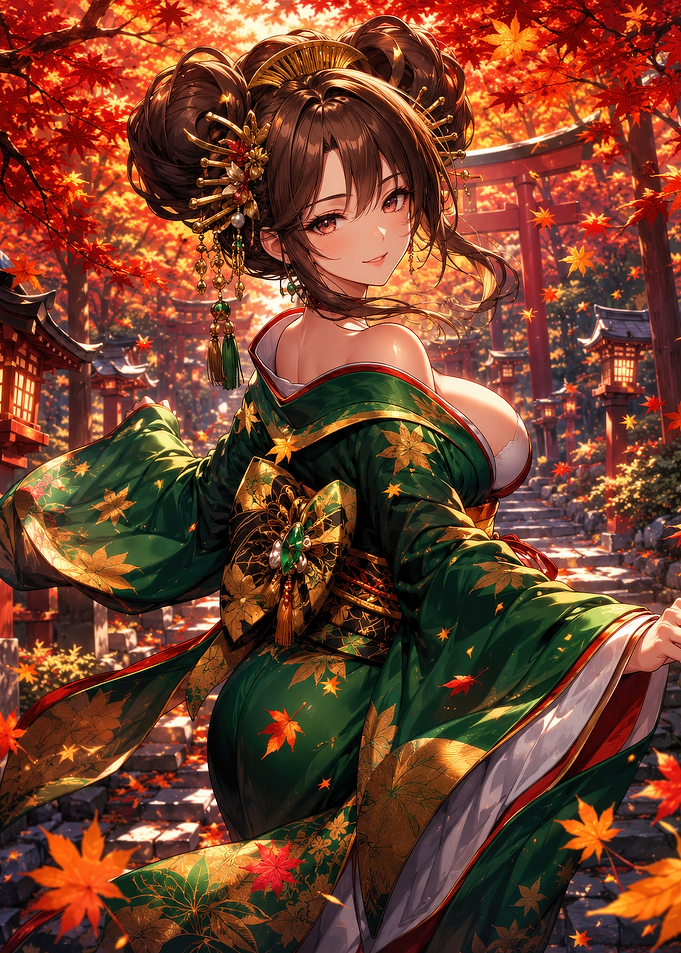 Anime Girl in Green Kimono Autumn