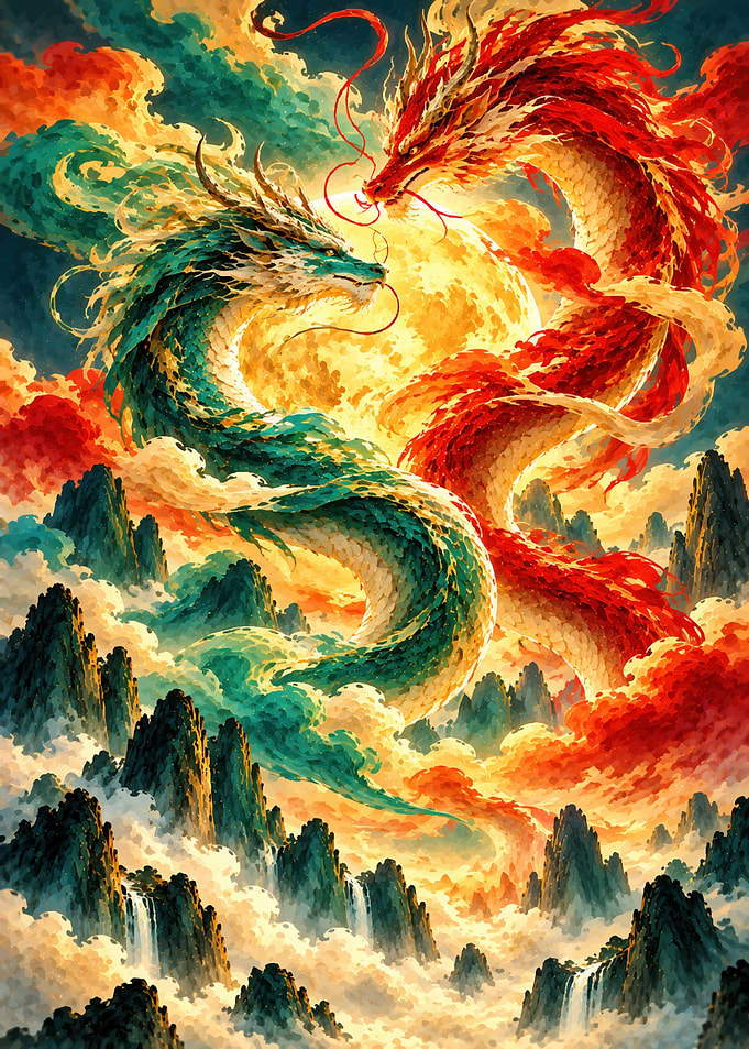 Dual Dragons Over Misty Mountains