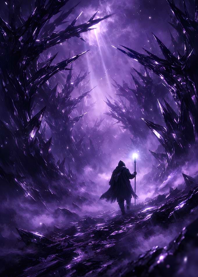 Wizard Walking Through Crystal Forest
