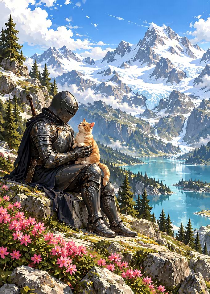 Knight Holding a Cat in Mountains