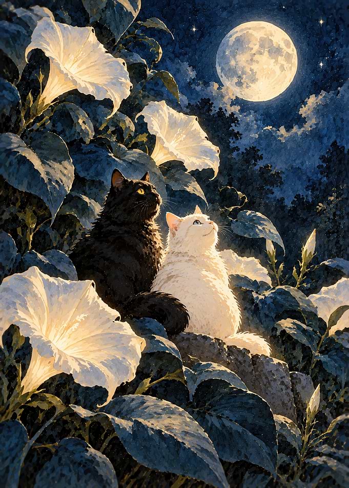 Black and White Cats Under Moon