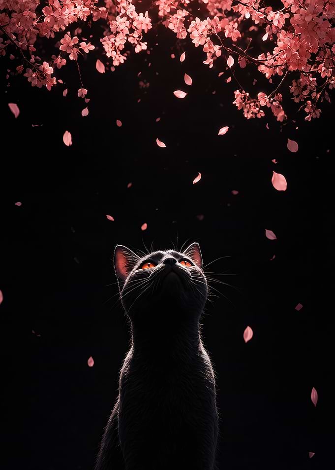 Black Cat Under Cherry Blossoms