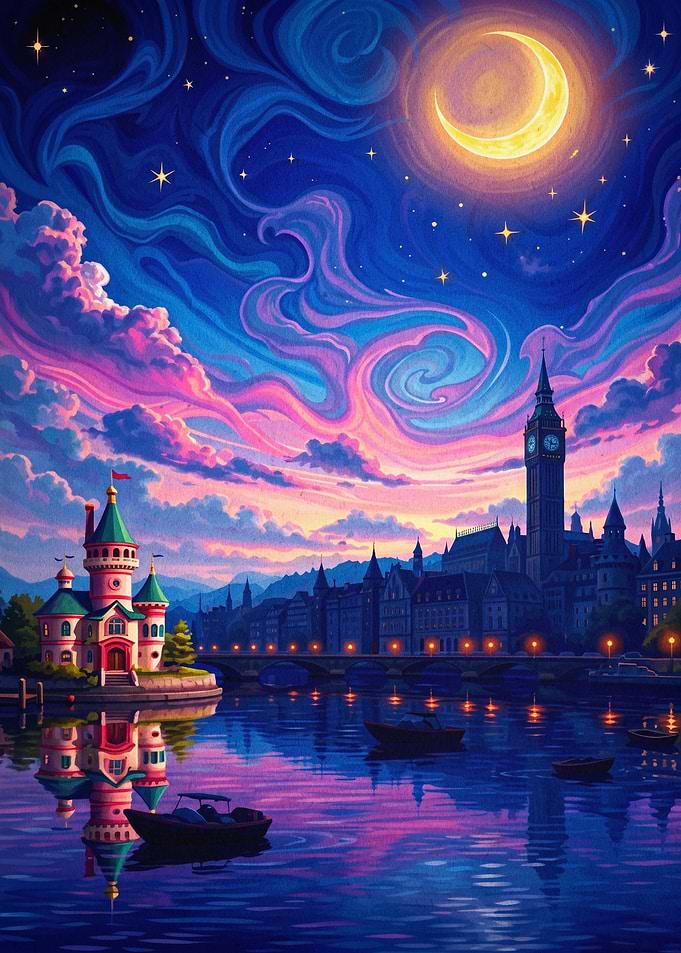 London Nightscape Starry Night Art