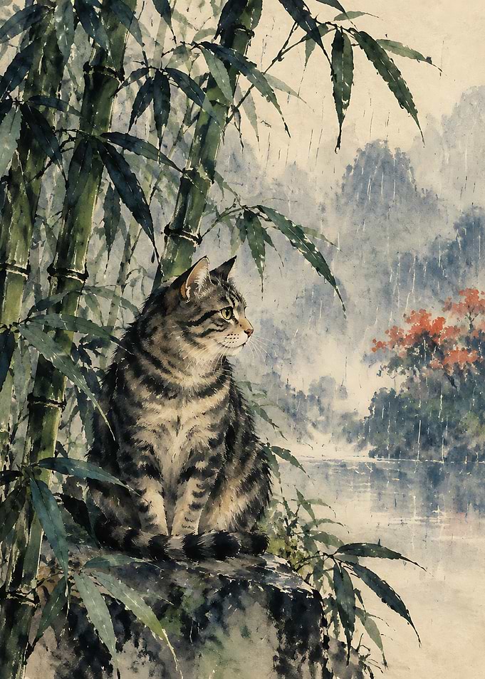 Tabby Cat in Bamboo Forest