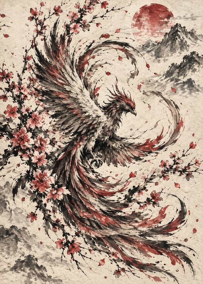 Ink Wash Phoenix and Cherry Blossoms
