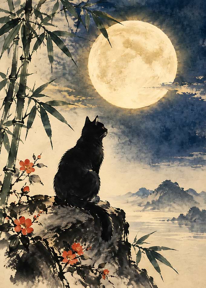 Black Cat Watching Full Moon