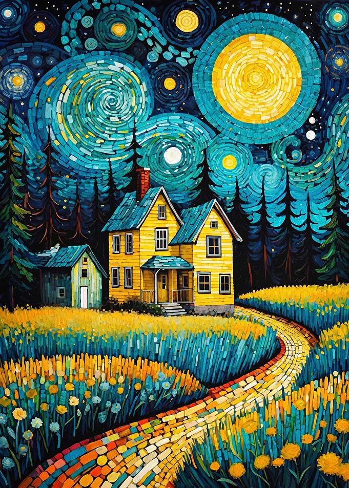Starry Night House Mosaic Poster