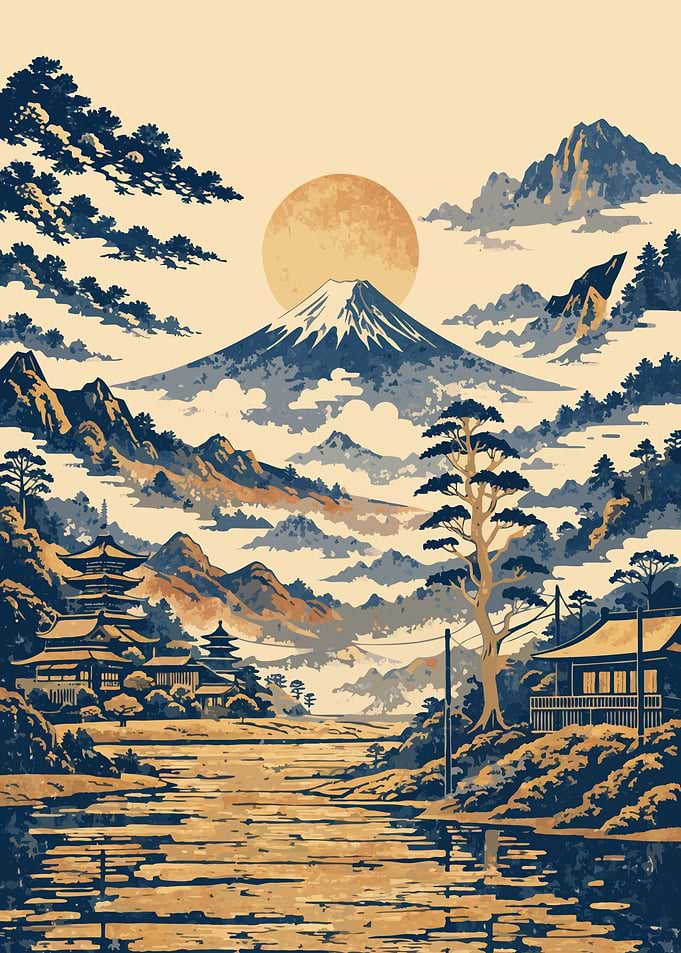 Mount Fuji and Traditional Japanese Temple