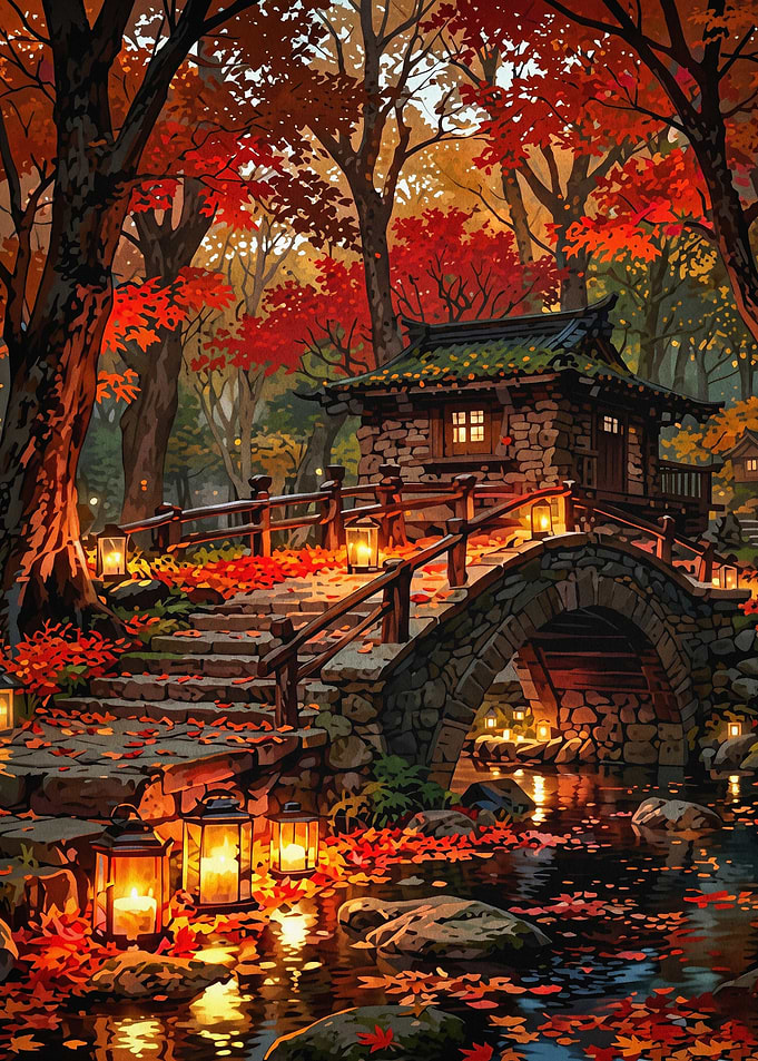 Autumn Shrine Bridge Lanterns Art