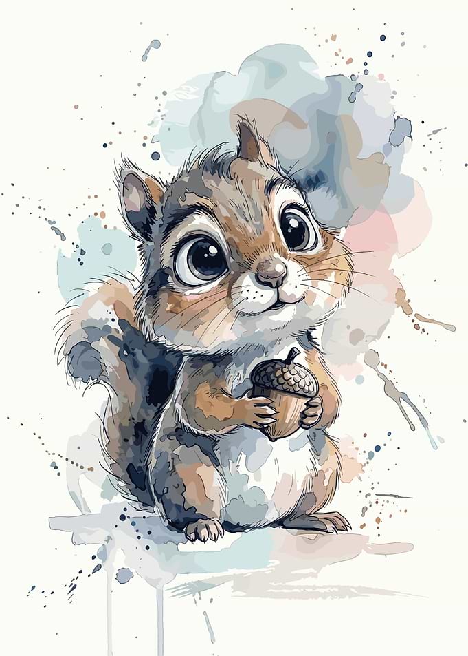 Cute Watercolor Chipmunk with Acorn