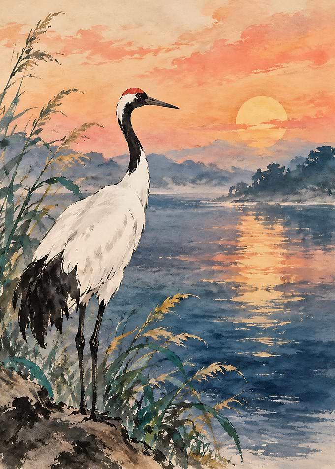 Red-Crowned Crane at Sunset