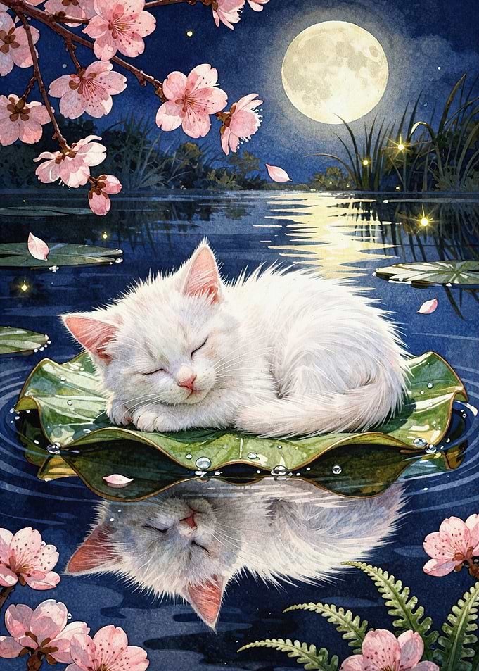 Sleeping Cat Moonlit Pond Watercolo