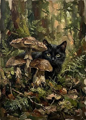 Black Cat Hiding Among Forest Mushrooms