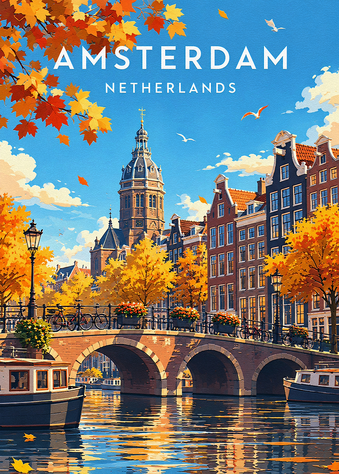 Amsterdam Autumn Canal Travel Poster