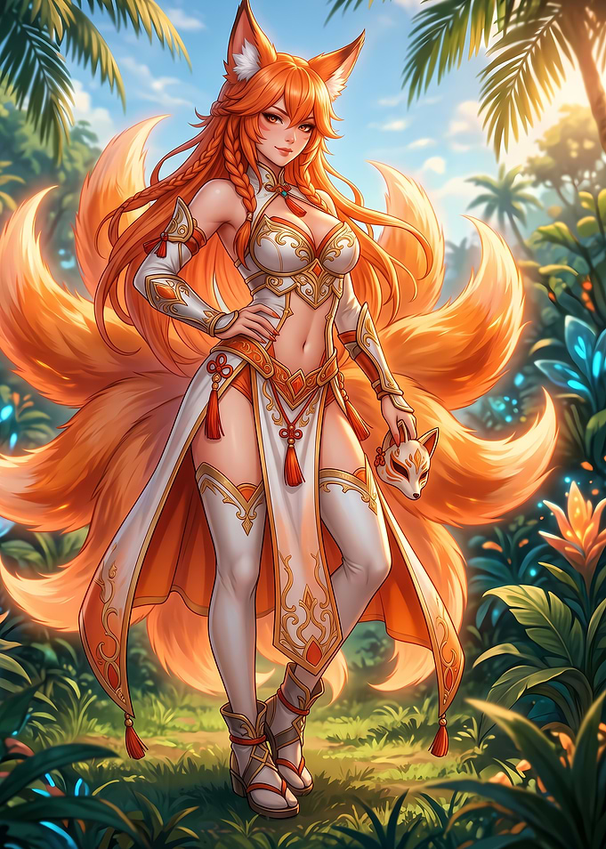 Nine-Tailed Fox Girl in Tropical Forest