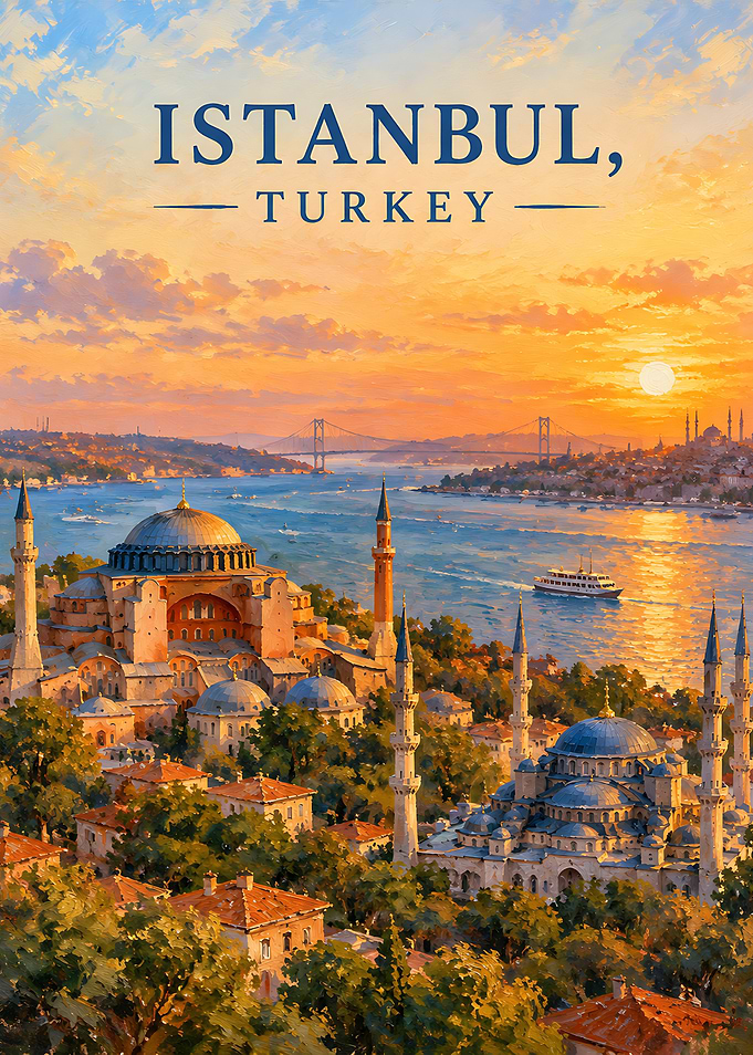 Istanbul Turkey Sunset Travel Poster