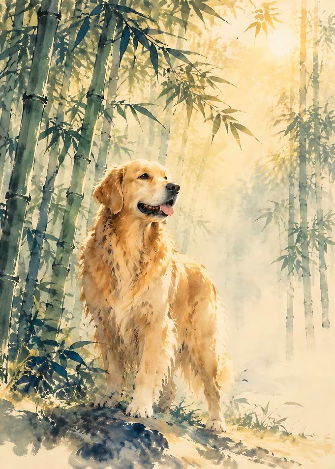 Golden Retriever in Bamboo Forest