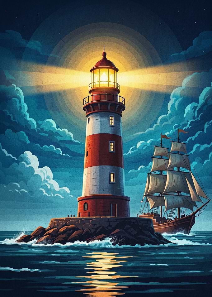 Lighthouse Sailor Night Sea Poster