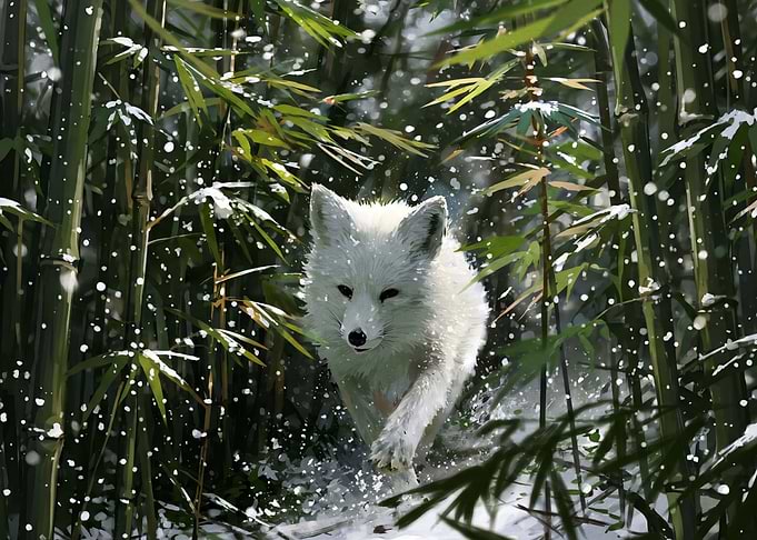 White Fox Running Through Bamboo Forest