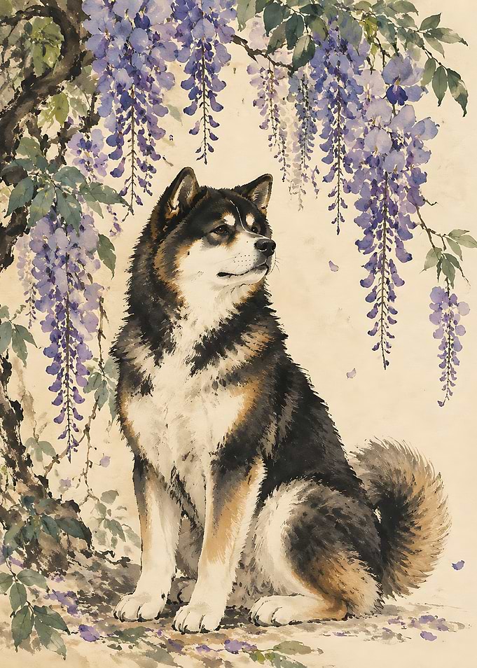 Shiba Inu Under Wisteria Flowers