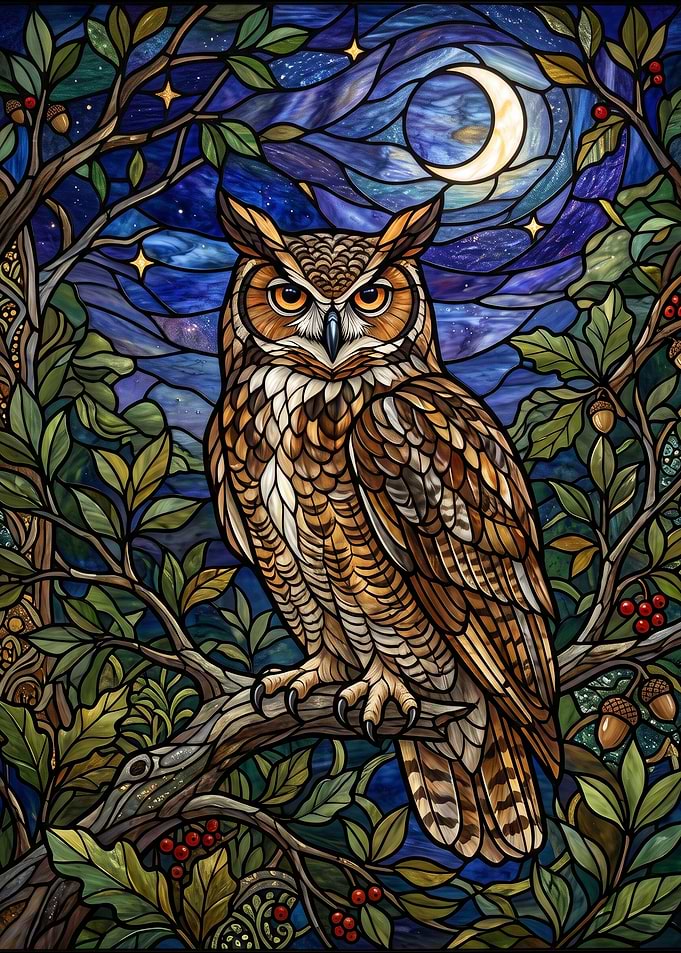 Stained Glass Great Horned Owl