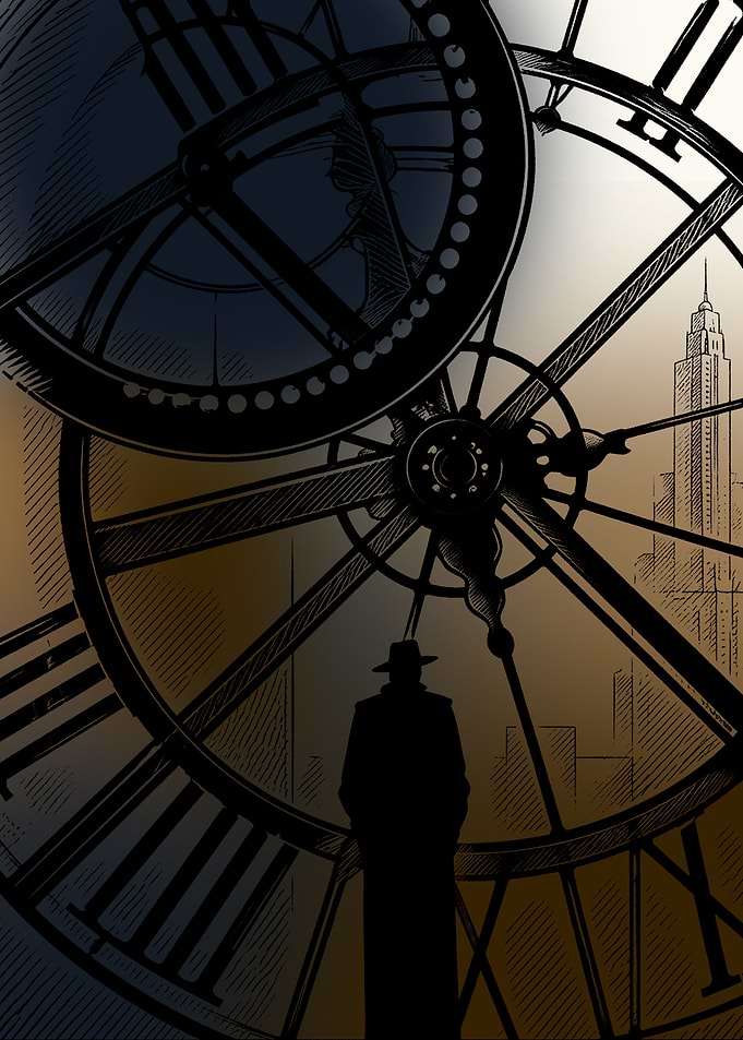 Noir Detective Before Giant Clock