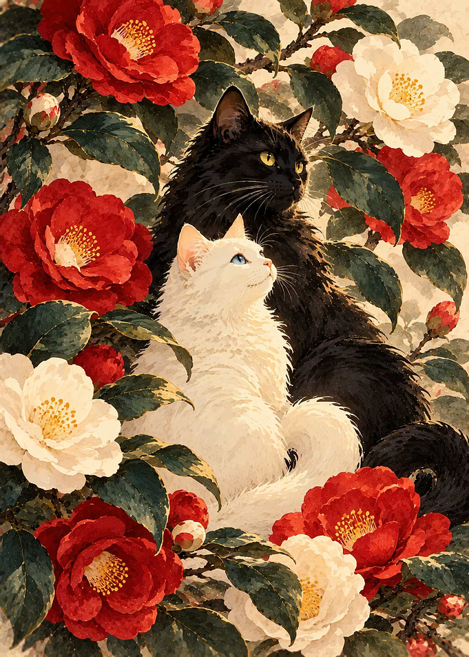 Black and White Cats Among Camellias