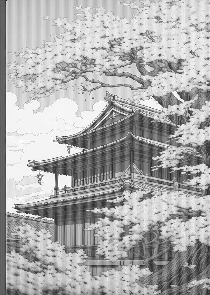 Traditional Japanese Temple with Cherry Blossoms