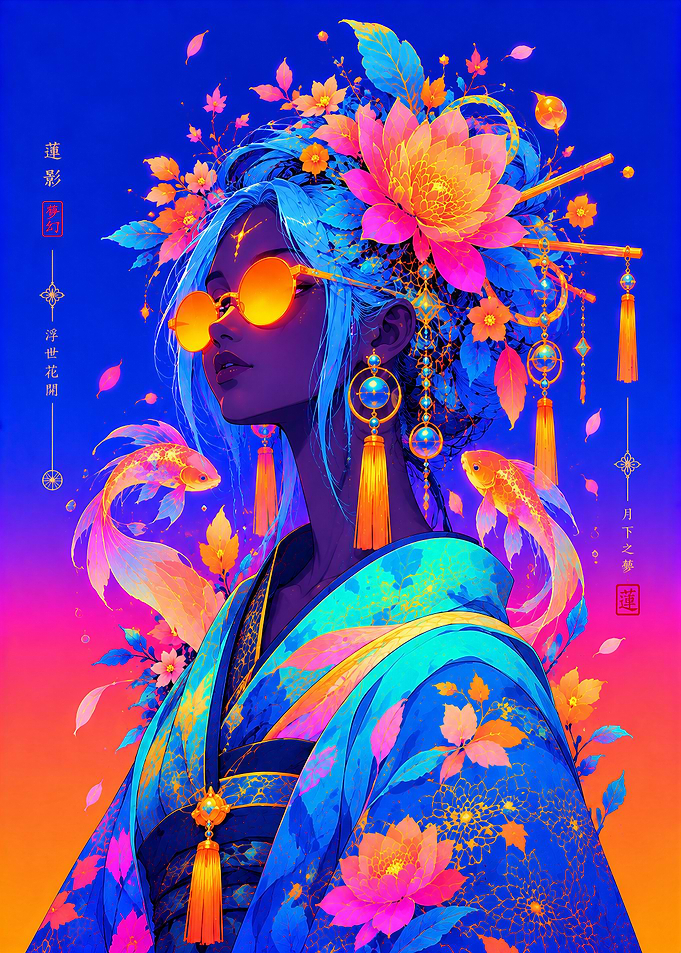 Neon Cyberpunk Geisha with Lotus Flowers